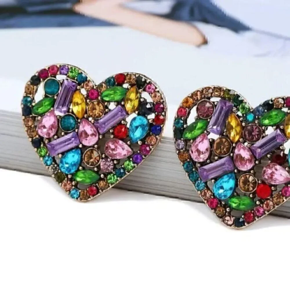 Colorful Heart Shaped Stud Earrings Embellished With Shiny Rhinestones - Picture 5 of 5